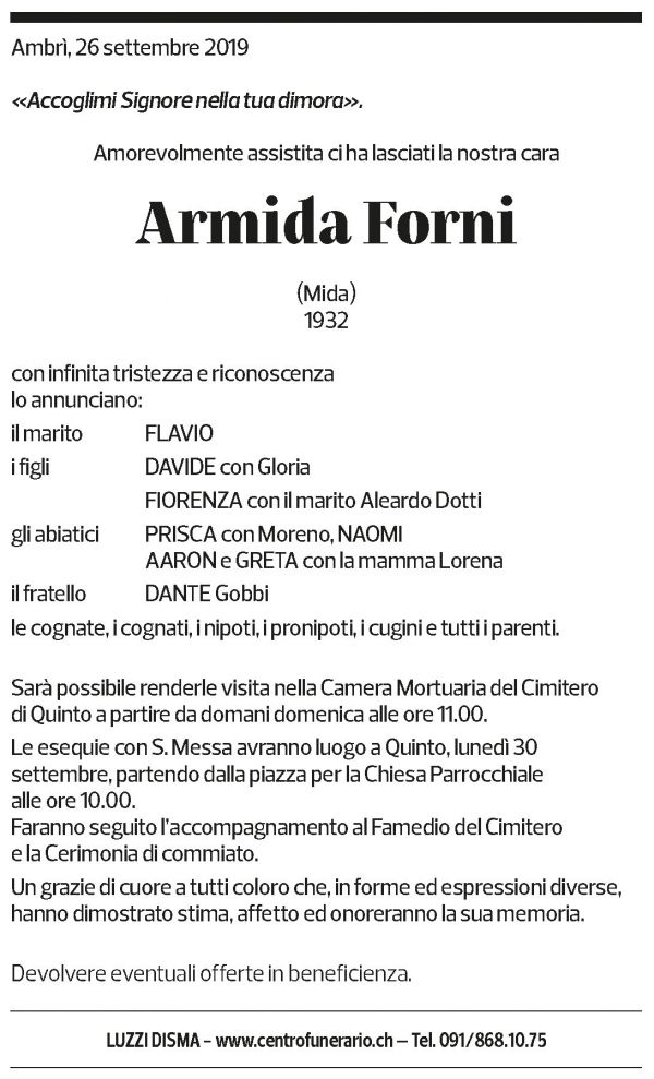 Annuncio funebre Armida Forni