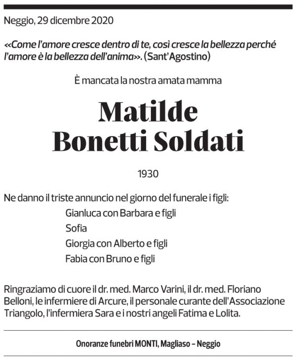 Annuncio funebre Matilde Bonetti Soldati
