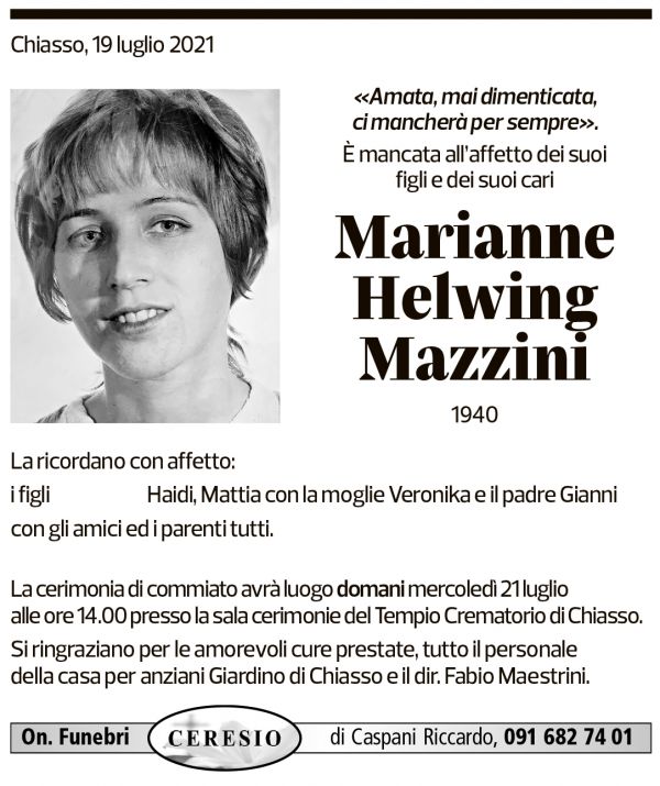 Annuncio funebre Marianne Helwing Mazzini