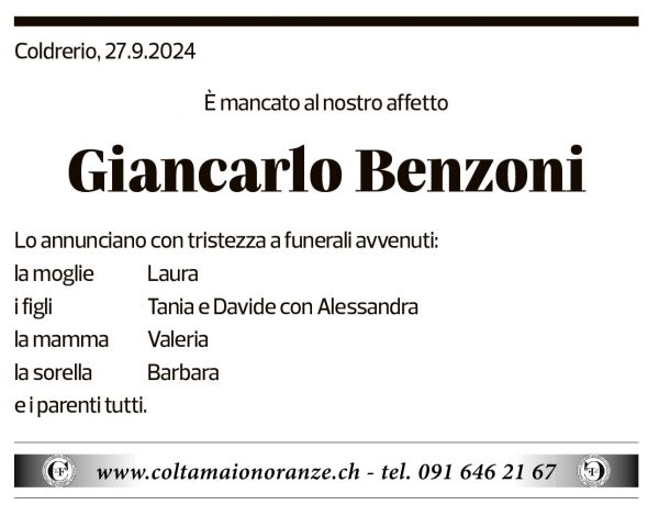 Annuncio funebre Giancarlo Benzoni