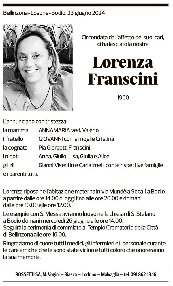 Annuncio funebre Lorenza Franscini