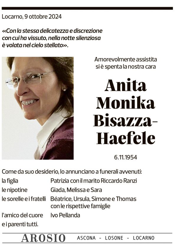 Annuncio funebre Anita Monika Bisazza-haefele