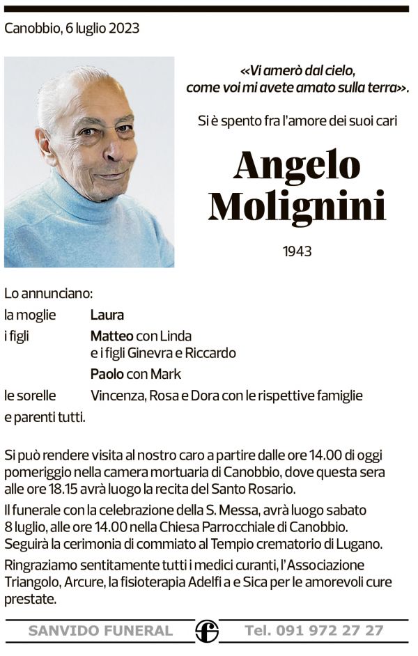 Annuncio funebre Angelo Molignini