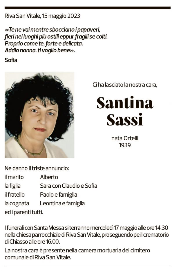 Annuncio funebre Santina Sassi