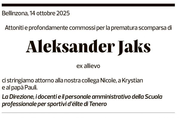 Annuncio funebre Aleksander Jaks