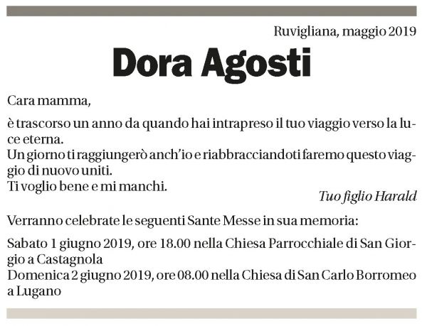Annuncio funebre Dora Agosti