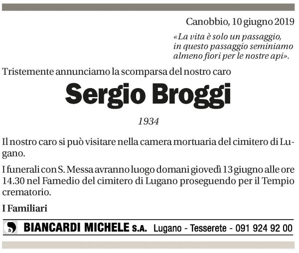 Annuncio funebre Sergio Broggi