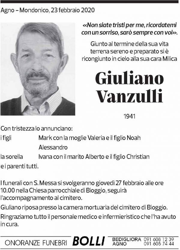 Annuncio funebre Giuliano Vanzulli