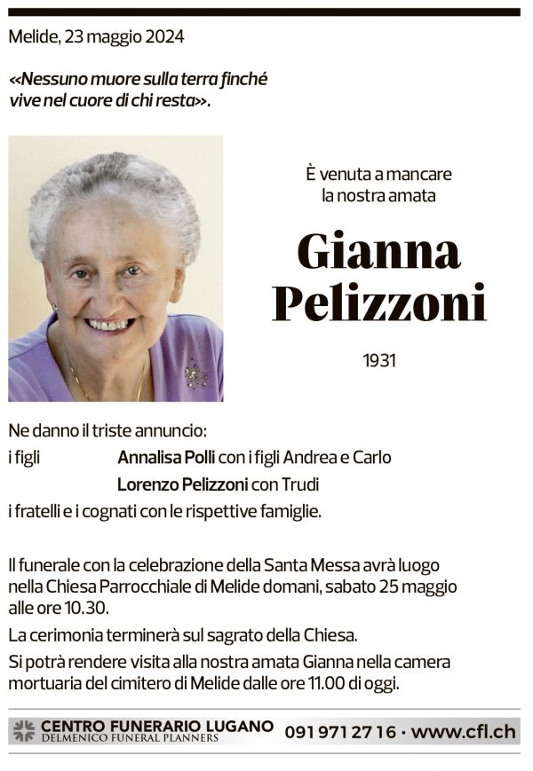 Annuncio funebre Gianna Pelizzoni