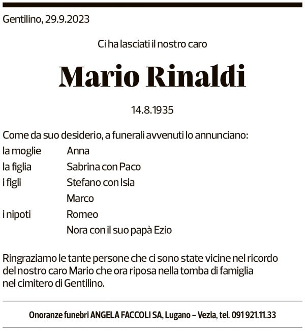 Annuncio funebre Mario Rinaldi