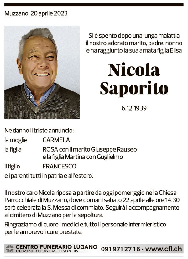 Annuncio funebre Nicola Saporito