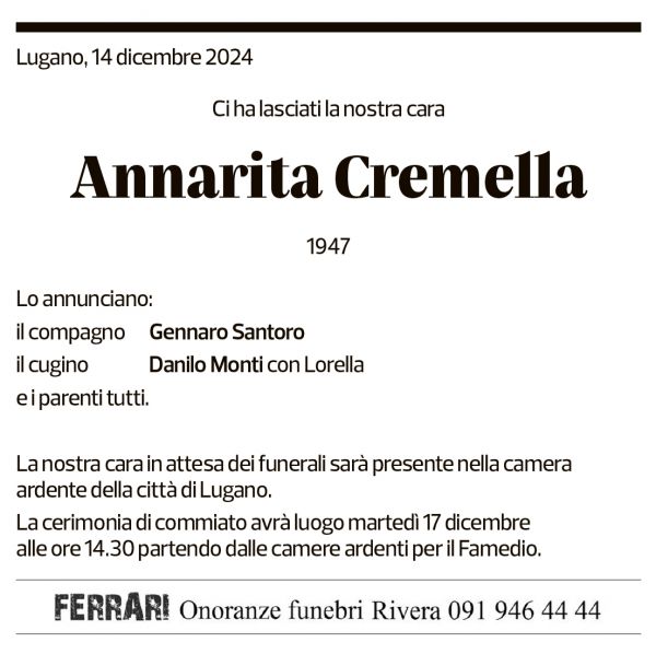 Annuncio funebre Annarita Cremella