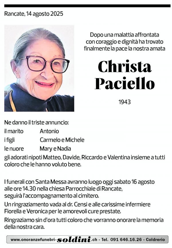Annuncio funebre Christa Paciello