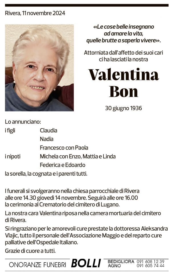 Annuncio funebre Valentina Bon