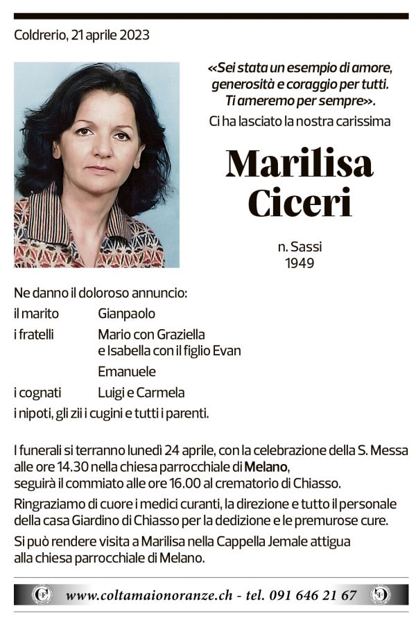 Annuncio funebre Marilisa Ciceri