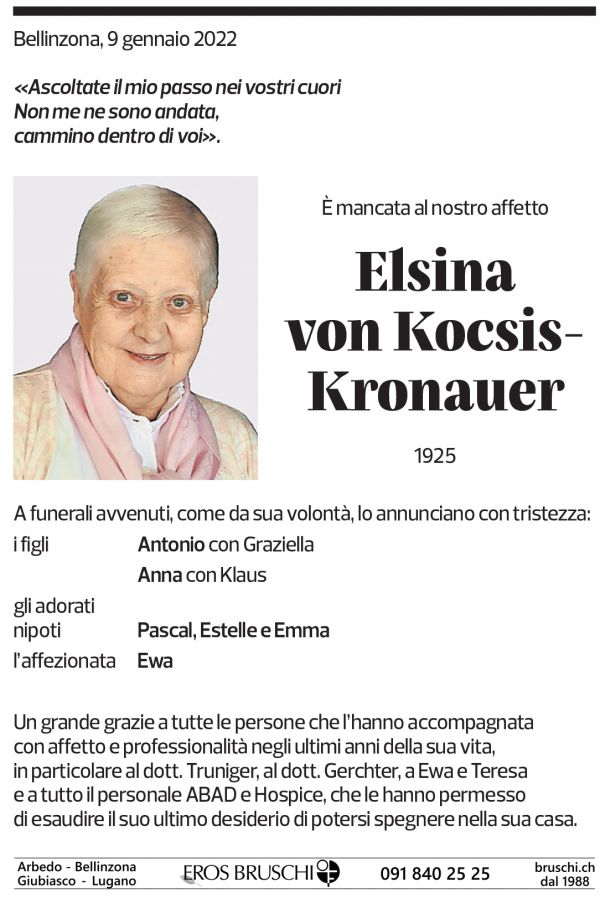 Annuncio funebre Elsina Von Kocsis-kronauer