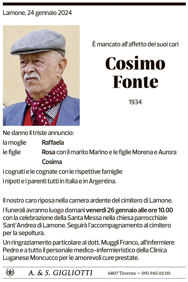 Annuncio funebre Cosimo Fonte