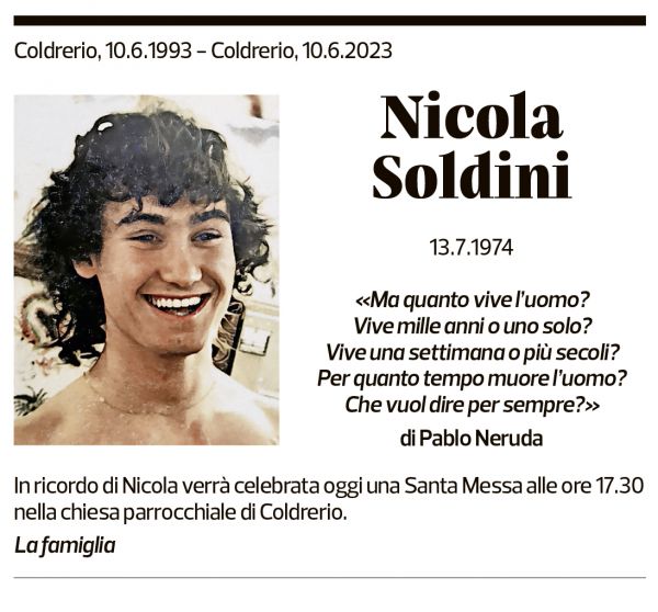 Annuncio funebre Nicola Soldini