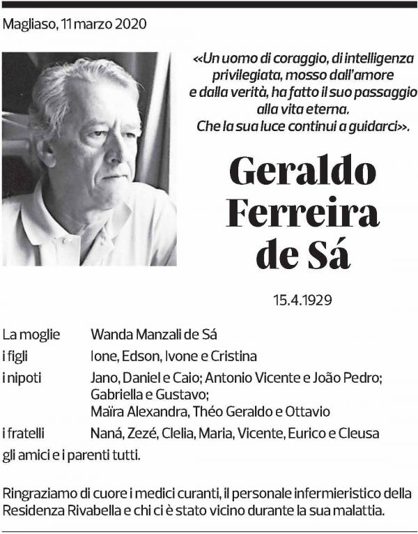 Annuncio funebre Geraldo Ferreira De Sá