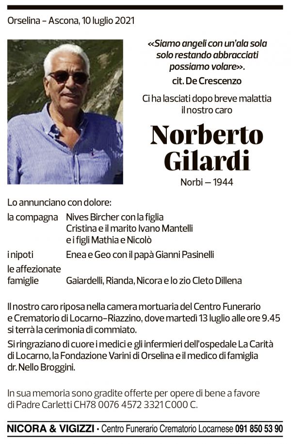 Annuncio funebre Norberto Gilardi