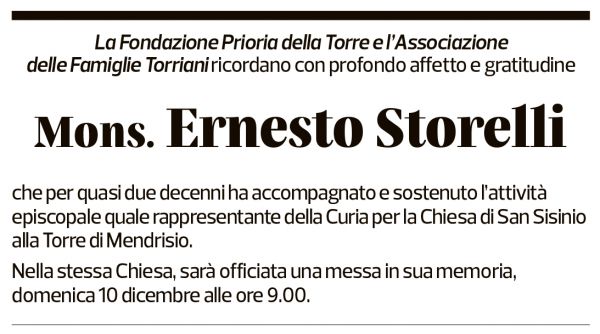 Annuncio funebre Mons. Ernesto Storelli