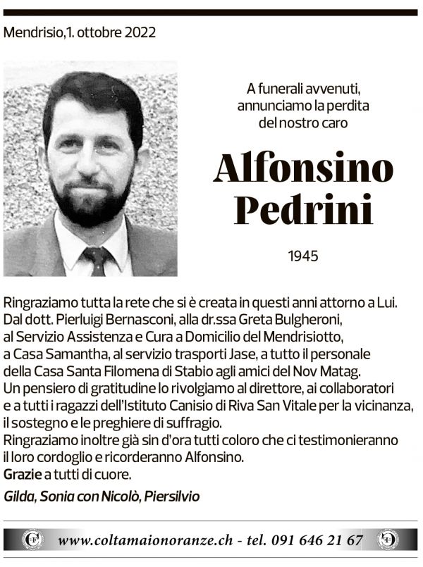 Annuncio funebre Alfonso Pedrini