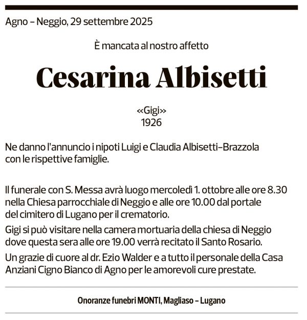 Annuncio funebre Cesarina Albisetti