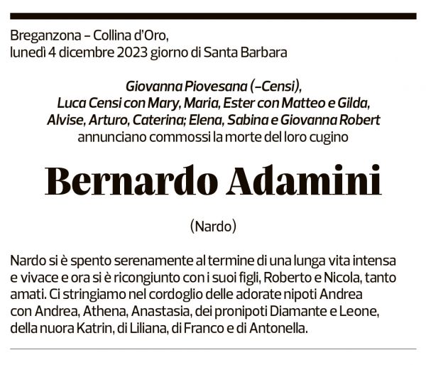 Annuncio funebre Nardo Adamini