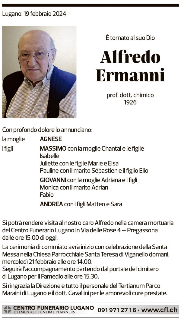 Annuncio funebre Alfredo Ermanni