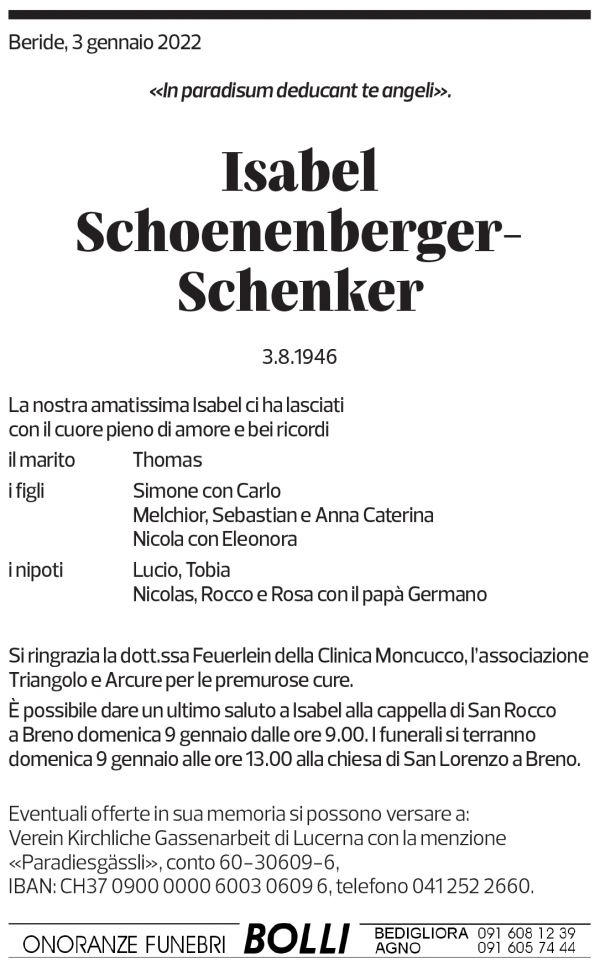 Annuncio funebre Isabel Schoenenberger-schenker