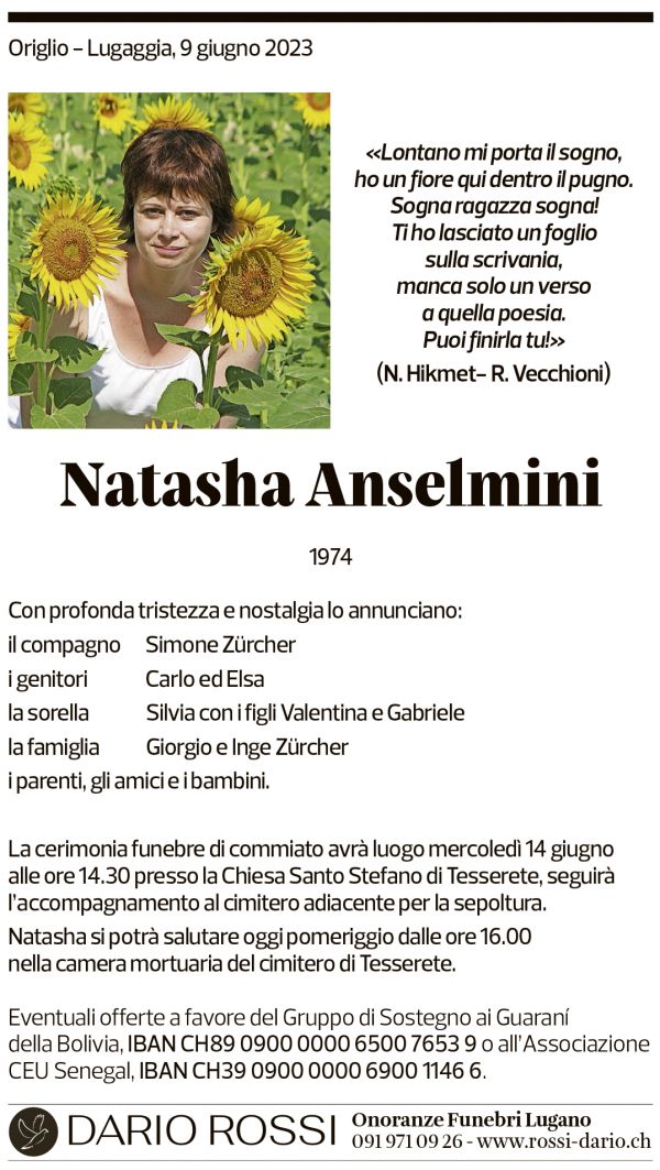 Annuncio funebre Natasha Anselmini