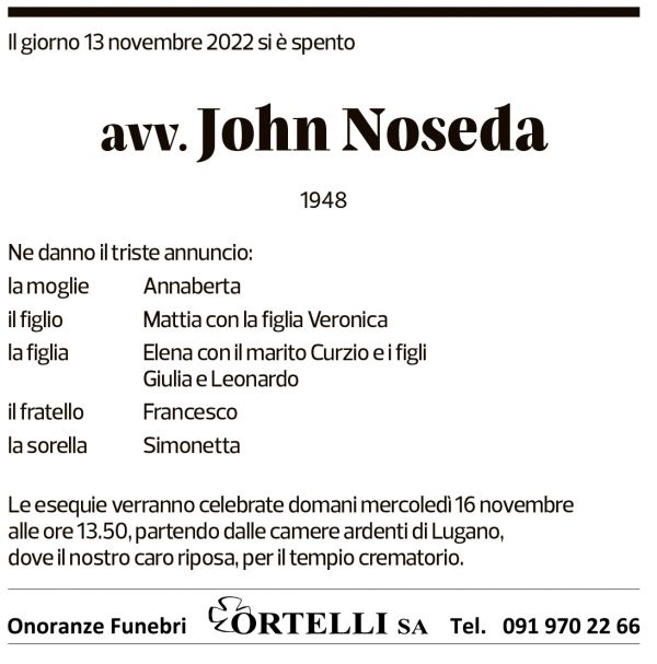 Annuncio funebre John Noseda