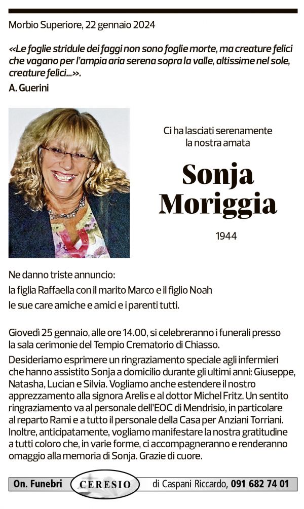 Annuncio funebre Sonja Moriggia