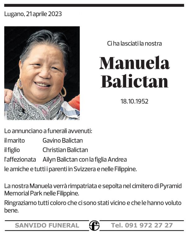 Annuncio funebre Manuela Balictan