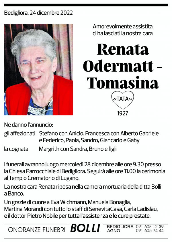 Annuncio funebre Renata Odermatt-tomasina