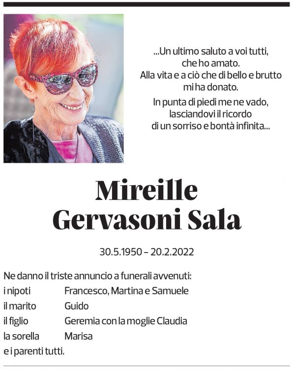 Annuncio funebre Mireille Gervasoni Sali