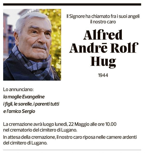 Annuncio funebre Alfred Andrē Rolf Hug