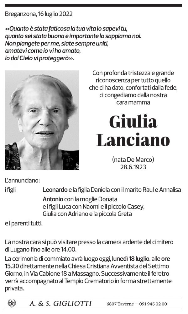 Annuncio funebre Giulia Lanciano