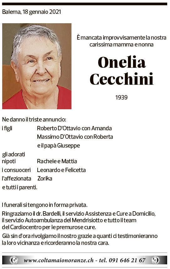 Annuncio funebre Onelia Cecchini