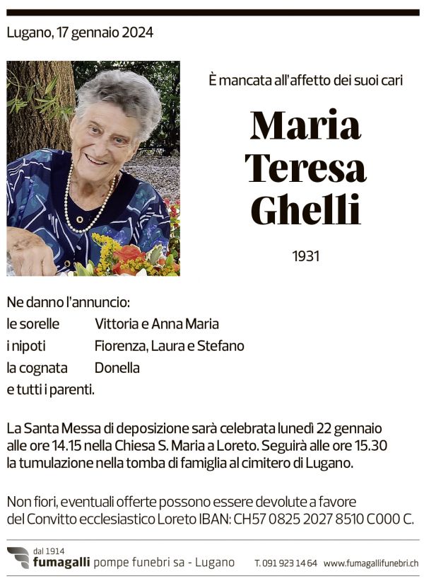 Annuncio funebre Maria Teresa Ghelli