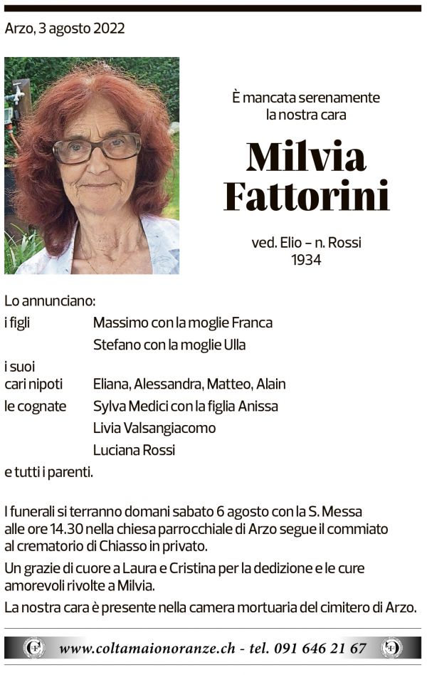 Annuncio funebre Milvia Fattorini