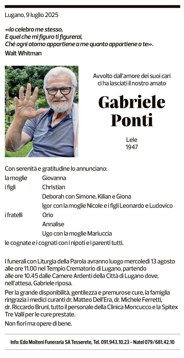 Annuncio funebre Gabriele Ponti