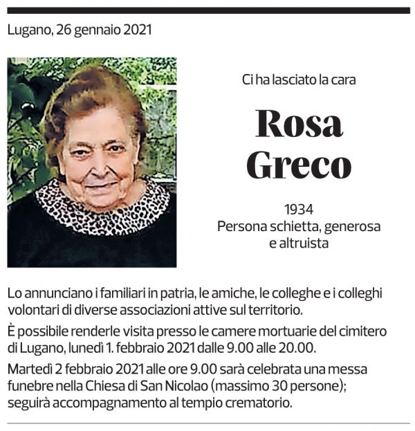 Annuncio funebre Rosa Greco