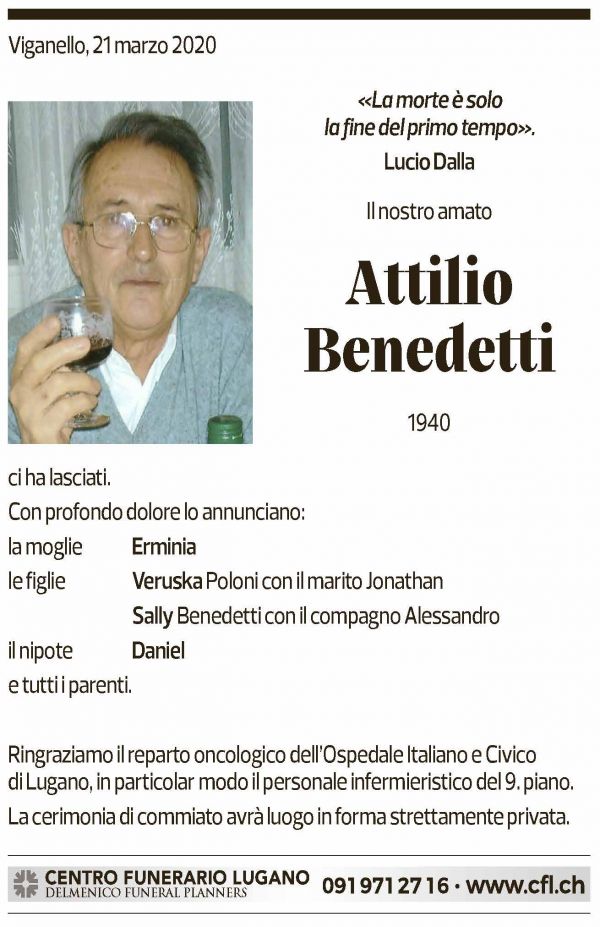 Annuncio funebre Attilio Benedetti