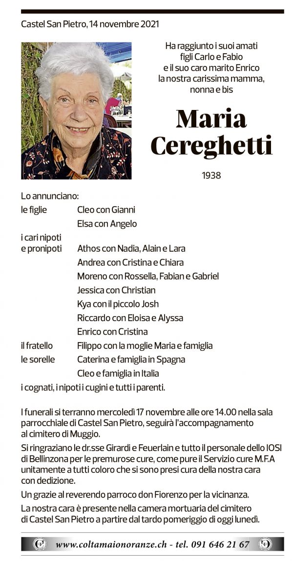 Annuncio funebre Maria Cereghetti