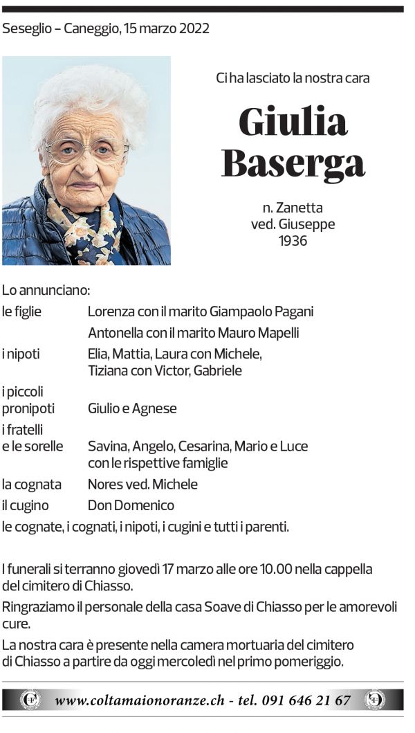 Annuncio funebre Giulia Baserga