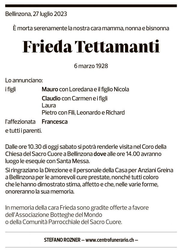 Annuncio funebre Frieda Tettamanti