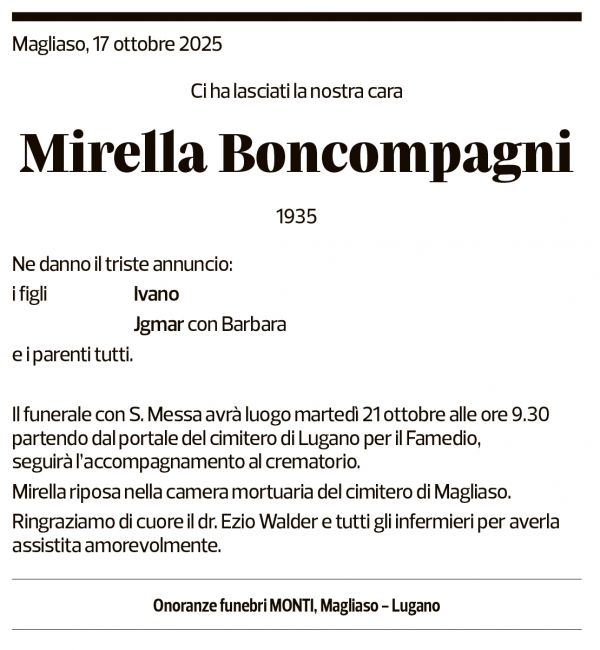 Annuncio funebre Mirella Boncompagni