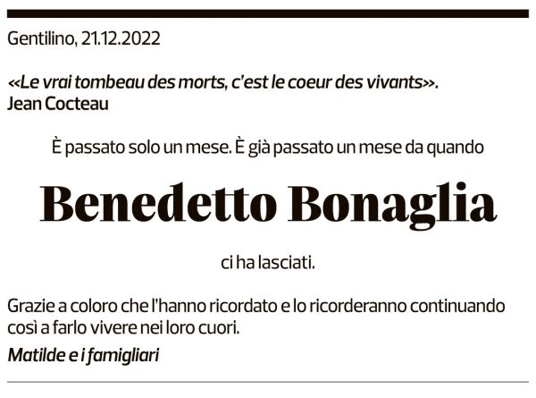 Annuncio funebre Benedetto Bonaglia