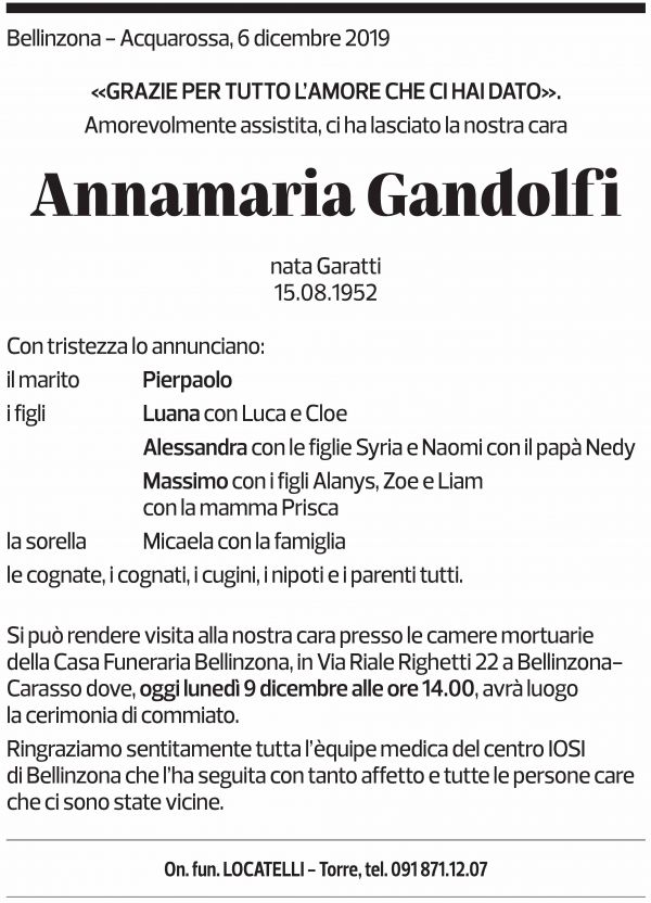 Annuncio funebre Annamaria Gandolfi